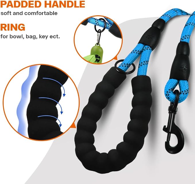 Taglory Rope Dog Leash for Medium Large Dogs, 6 FT Padded Handle, Blue | Climbing Rope for Strong Pullers, Reflective for Night Walks and Training, Comfortable Grip, Anti-tangle Swivel Clip 1/2 inch
