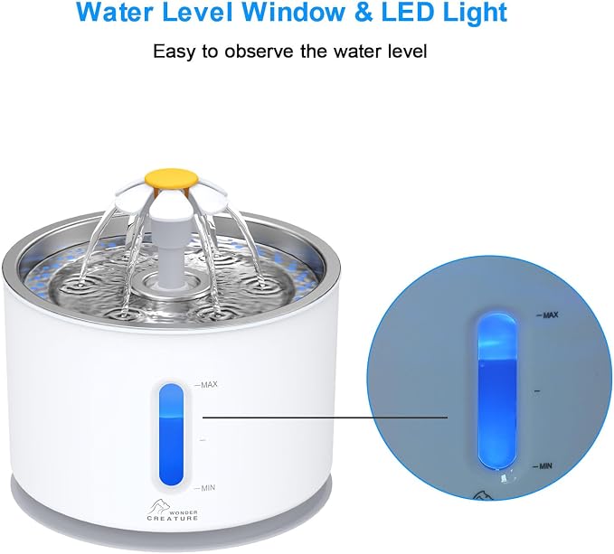 Wonder Creature Cat Water Fountain with Stainless Steel Lid, 2.4L/81oz Automatic Cat Fountain with 4 Filters & 4 Sponges, LED Light and Water Level Window for Cats and Dogs