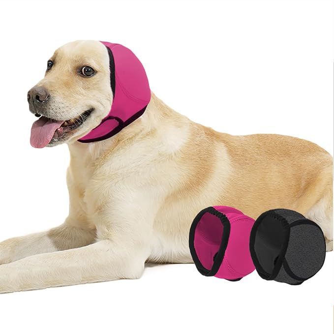 SEIS Calming Dog Ears Cover, Swimming Waterproof Pet Ear Caps, Large Dog Shower Cap for Ear Protection for Bath for Grooming (Pink, M (Head Circumference 14"-19"))