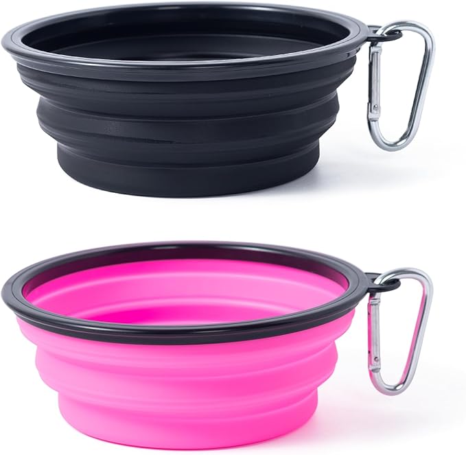 Dog Bowl Collapsible, 2 Pack, with Carabiners, Medium, Black+Pink