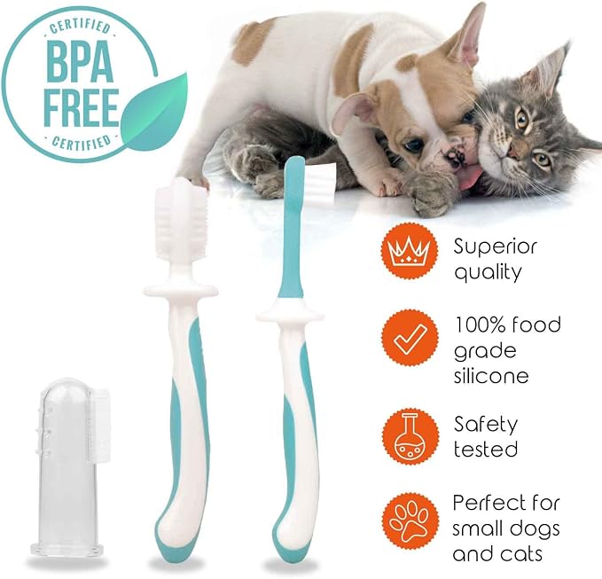 Cherish Pet Care Dog Teeth Cleaning Kit - 3pcs: Finger Toothbrush, Double-Sided Toothbrush, Fresh Breath & Plaque Removal