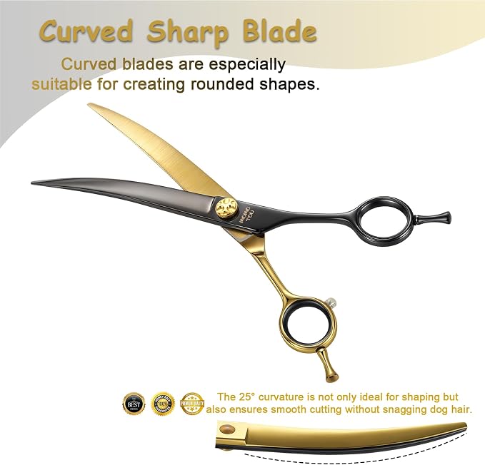 Curved Dog Grooming Scissors 7" – Black & Gold 440C Stainless Steel Shears for Precision Face and Body Shaping