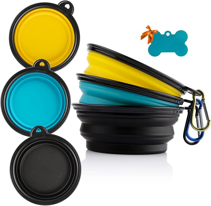 3 Collapsible Silicone Dog Bowls, Yellow Blue Black, Small