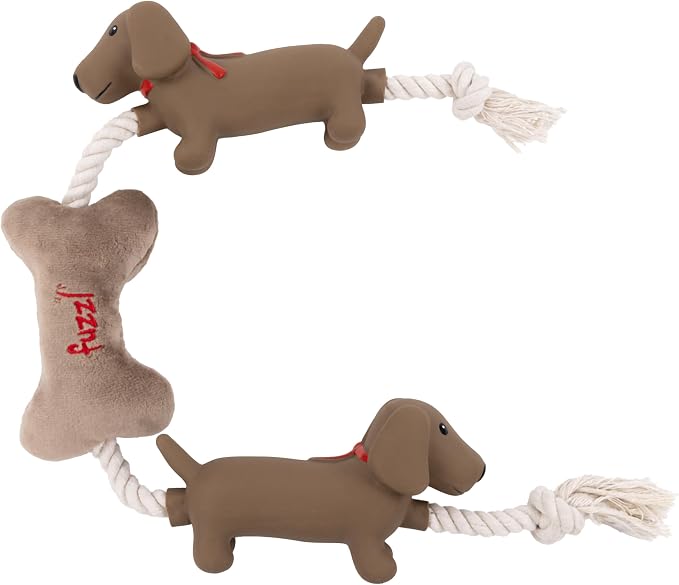 Fuzzl Sizzles Tugga Dachshund Rope Toy for Puppies and Small Medium Dogs | Plush and Latex, Sausage Dogs Attached, Durable Interactive, Tug Chew Toy