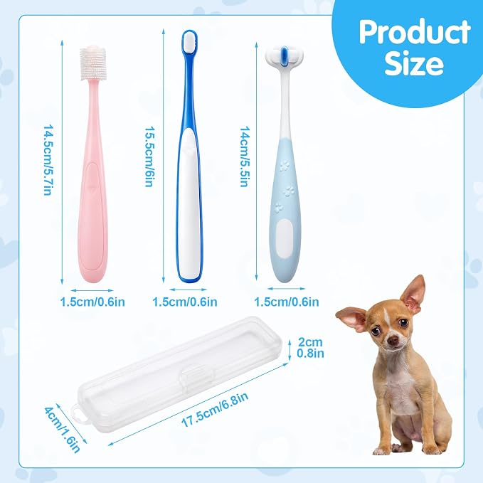 Chihuahua Toothbrush, Soft Small Dog Toothbrush, Silicone 360 Pet Tooth Brushes for Dogs and Cats, Canine Dental Care Set of 3 Different Shapes