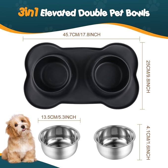 Double Dog Food Bowls Stainless Steel & Water Dish with No-Spill and Non-Slip Silicone Mat, Removable Puppy Feeder Bowls for Small Medium Size Cat Dogs Kitten,14oz
