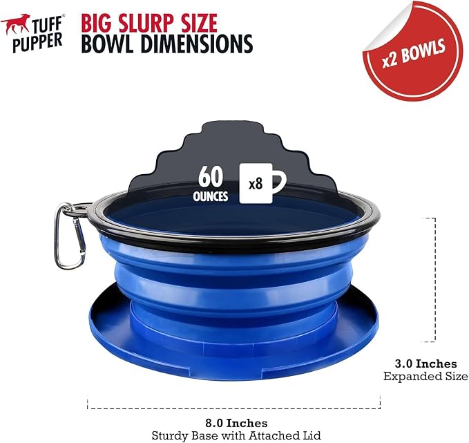 Tuff Pupper SuperBigSlurp Collapsible Dog Bowls, Two Pack, Blue, 60oz