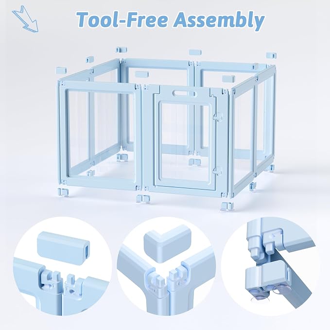 DIY Clear Acrylic Dog Playpen House,Quick Easy Assembly and Disassembly,Strong Floor Suction,Indoor and Outdoor Use,Easy Cleansing Puppy Fence (Sky Blue, 30.3" H, 8PCS)