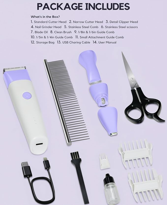 4-in-1 Dog Clippers Grooming Kit - Paw Trimmer & Nail Grinder, Purple