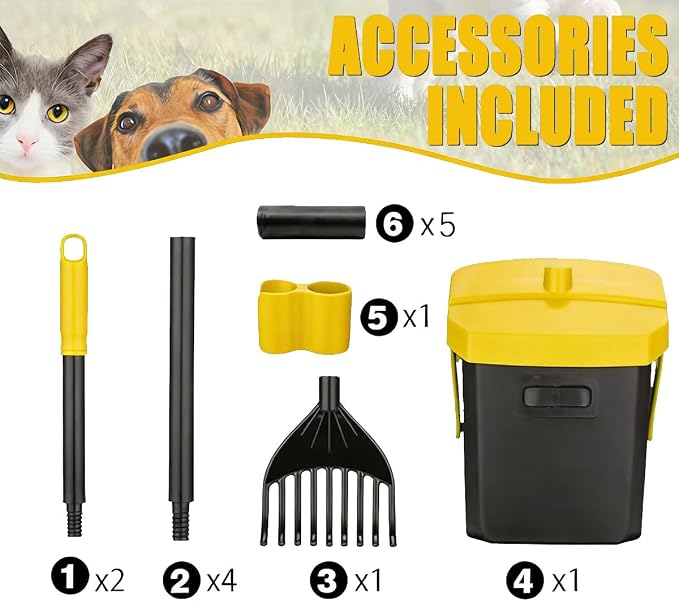 FUSBUNTY Pooper Scooper Swivel Bin & Rake with 100 Waste Bags, Dog Pooper Scooper with Bag Attachment for Large Medium Small Dogs, Poop Scooper with Lid for Lawn Yard Dog Kennel - Yellow