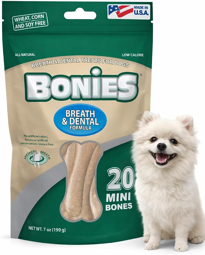Bonies Natural Breath and Dental Formula Minis-Sized Single Bone - All-Natural Ingredients, Fresh Breath, Cleans Teeth, Low Calories, Chicken Flavor, MINI Dogs, 20 Bones