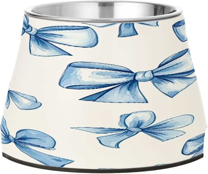 YETTASBIN Blue Bow Elevated Dog Bowls, Prevention of Vertebrae Disease Raised Dog & Cat Bowl Stand with Removable Stainless Steel Bowls, Non-Slip Spill-Proof Pet Food & Water Bowl Dish