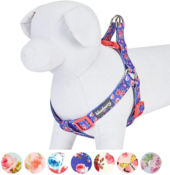 Blueberry Pet 9 Patterns Step-in Spring Scent Inspired Rose Print Irish Blue Dog Harness, Chest Girth 16.5" - 21.5", Small, Adjustable Harnesses for Dogs
