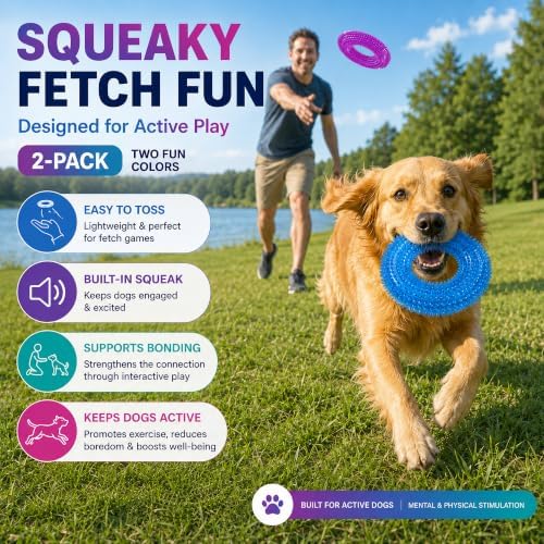 Dog Chew Toy, Squeaky Floating Donut Rings, 2-Pack, Blue & Purple