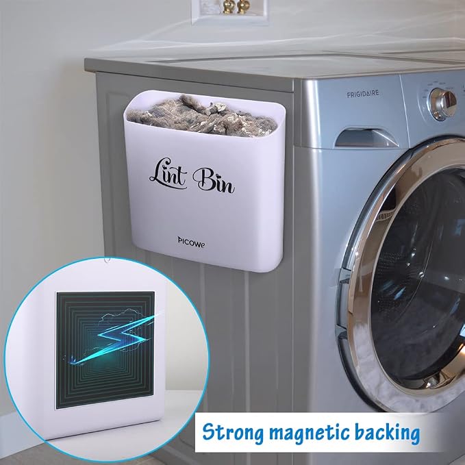 Picowe Magnetic Laundry Storage, Large Lint Holder Bin for Laundry Room, Space-Saving Trash Container Hanging on Dryer, Washer or Wall Mount (Gray White)