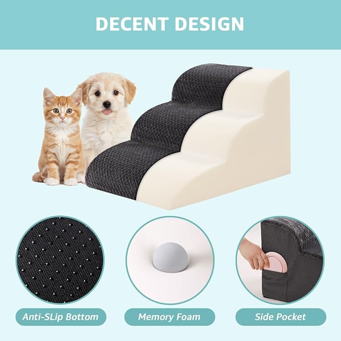 Oiilores Dog Stairs for Small Dogs 19" H, 4-Step Dog Steps Ramp for High Beds and Couch with Anti-Slip Washable Cover and Durable High Density Foam, Pet Stairs for Cats, Grey