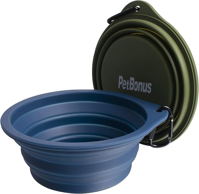 PetBonus Large Collapsible Dog Bowls, 2 Pack, 34oz, Army Green, Navy Blue