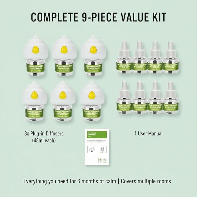 9 PCS Dog Calming Pheromone Diffuser with 6 Refills (48mL Each), 9-Pack, 48mL