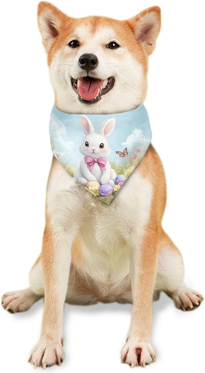 Forchrinse Easter Bunny Dog Bandana Pet Triangle Scarf Accessories Puppy Kerchief Polyester Dog Scarf, One Size, Medium, Polyester, Easter Bunny Print