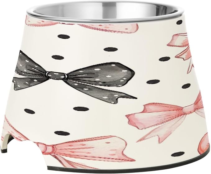 YETTASBIN Bow Dots Elevated Dog Bowls, Prevention of Vertebrae Disease Raised Dog & Cat Bowl Stand with Removable Stainless Steel Bowls, Non-Slip Spill-Proof Pet Food & Water Bowl Dish