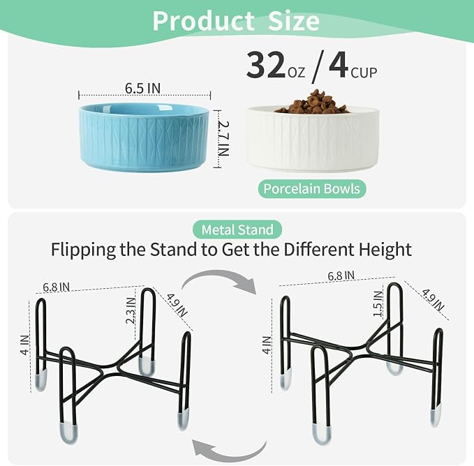 32 OZ Raised Dog Cat Bowls with Elevated Metal Stand, 6.5 Inch Ceramic Round Pet Food and Water Feeder Bowl Dish for Cats & Dogs, White & Blue, Set of 2