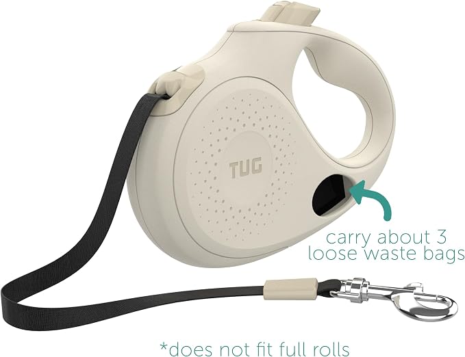 TUG Oval 360° Tangle-Free Retractable Dog Leash with Integrated Waste Bag Dispenser (Large, Cream)