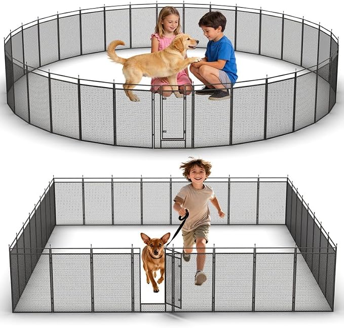 Dog Playpen with Safety Mesh, 40in 32 Panels, Black-Silver