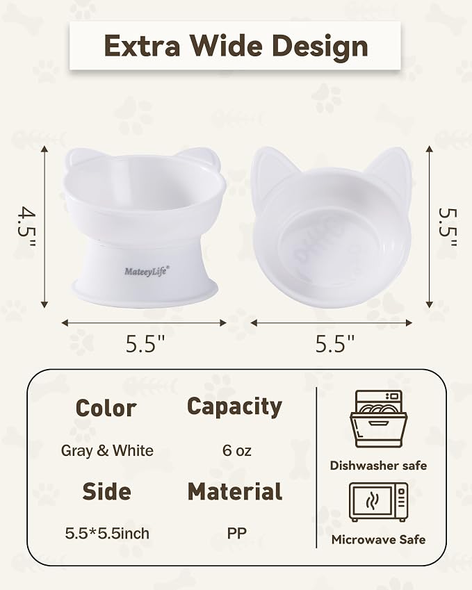 MateeyLife Elevated Cat Bowls, 2P Raised Food and Water Bowl Set for Indoor Cats & Small Dogs, Whisker Fatigue Cat Bowl, Anti Vomit Feeding Pet Bowls, 6 oz Each, Dishwasher Safe - White & Grey