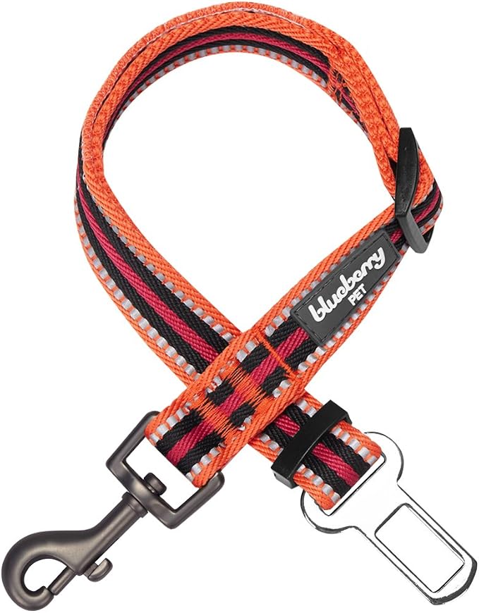 Blueberry Pet 6 Colors 3M Reflective Multi-Colored Stripe Adjustable Dog Seat Belt Tether for Dogs Cats, Orange and Black, Durable Safety Car Vehicle Seatbelts Leads Use with Harness