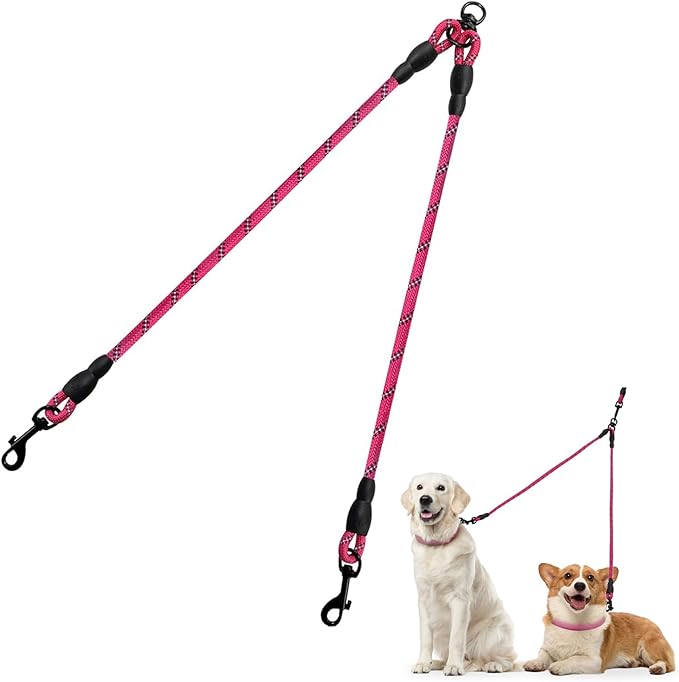 Taglory Double Dog Leash Coupler for Two Dogs, 1/3" Lightweight Dual Leash Extension for Small and Medium Dogs, No Tangle 360° Swivel, Reflective Rope, 30 Inch, Pink