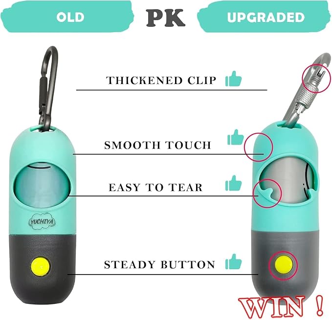 Dog Waste Bags Holder with LED Flashlight Doggie Poop Bags Dispenser with 13 Rolls Leak-Proof Pet Trash Bags Rechargable USB Cable (Mint Green)
