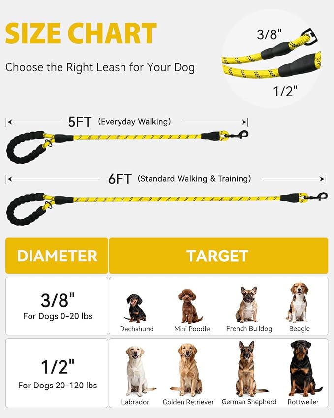 Joytale Rope Dog Leash for Small Dogs, Padded Handle, 6FT, Yellow | Reinforced Nylon Webbing, Comfort Grip Eases Hand Strain, Swivel Clip Prevents Tangles, Visible at Night, for Outdoor Walks