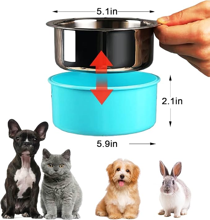 HERCOCCI Dog Crate Bowls, Removable Stainless Steel Pet Kennel Cage Hanging Food Bowls and Water Feeder Coop Cup Prevent Overflow for Puppy, Medium Dog, Cat, Rabbit, Ferret (3PCS)