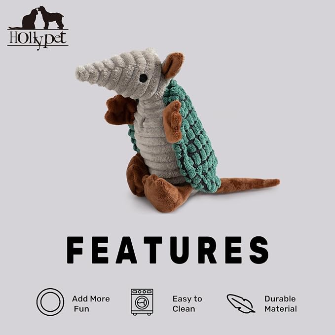 Hollypet Armadillo Squeaky Puppy Dog Toys for Small Medium Dogs, 8" | plush stuffed small dog squeak animal toy with unique grunt squeaker textured fabric for teeth cleaning toys