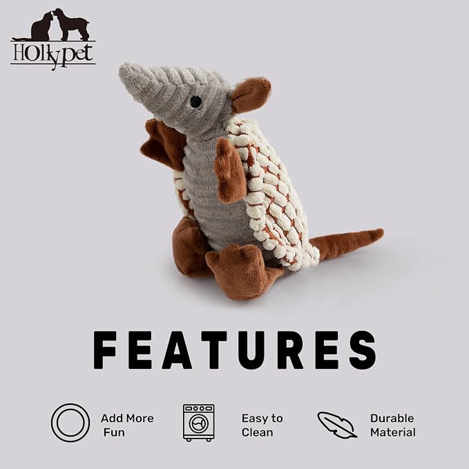 Hollypet Armadillo Squeaky Puppy Dog Toys for Small Medium Dogs, 8" | plush stuffed small dog squeak animal toy with unique grunt squeaker textured fabric for teeth cleaning toys