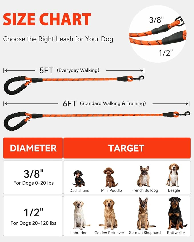 Joytale Rope Dog Leash for Medium Large Dogs, Padded Handle, 5FT, Orange | Reinforced Nylon Webbing, Comfort Grip Eases Hand Strain, Swivel Clip Prevents Tangles, Visible at Night, for Outdoor Walks
