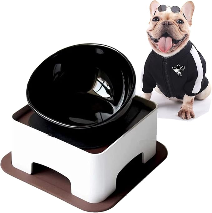 Bulldog Bowl Anti-Slip Dog Cat Dish Detachable Dog Bowls Pet Sterile Tilted Pet Feeder Slope Base (Black,Ceramic - 1.5 Cup