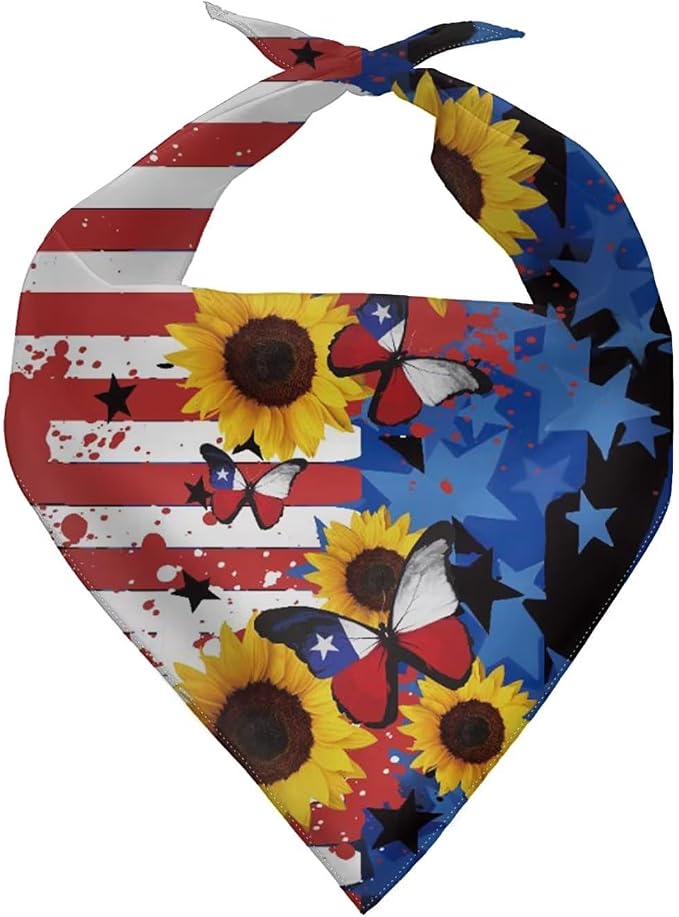 Forchrinse American Flag Sunflower Butterfly Dog Bandanas Patriotic Pet Triangle Bandana Soft Pet Scarf, Medium