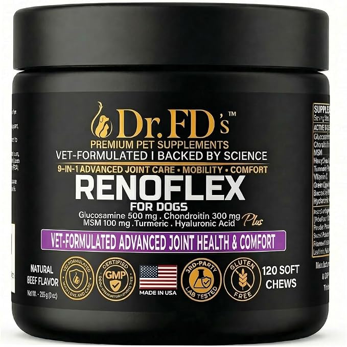 Dr. FD's RenoFlex Dog Joint Supplement, Vet-Formulated Soft Chews, 120 Count, Hip and Joint Support with Glucosamine, Chondroitin, MSM and Turmeric, Joint Comfort and Mobility, Natural Beef Flavor
