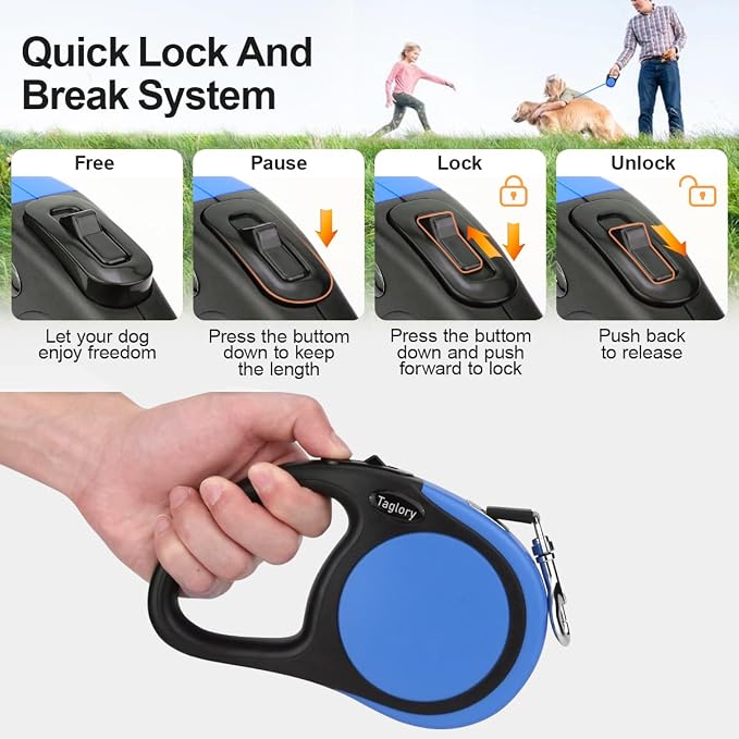Taglory Retractable Dog Leash, One-Handed Brake, 16ft, Up to 44 lbs, Blue | More Freedom While Staying in Control, Smooth Retraction, Tangle-Free Design, Easy-Grip Handle, Daily Neighborhood Walks