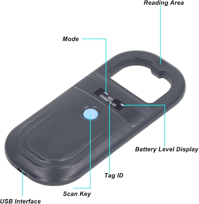 Animal ID Reader, 134.2KHz ISO11784 85 FDX B EMID Handheld Pet Tag Chip Scanner, USB Charging, Built in Buzzer, for Small Animal Management