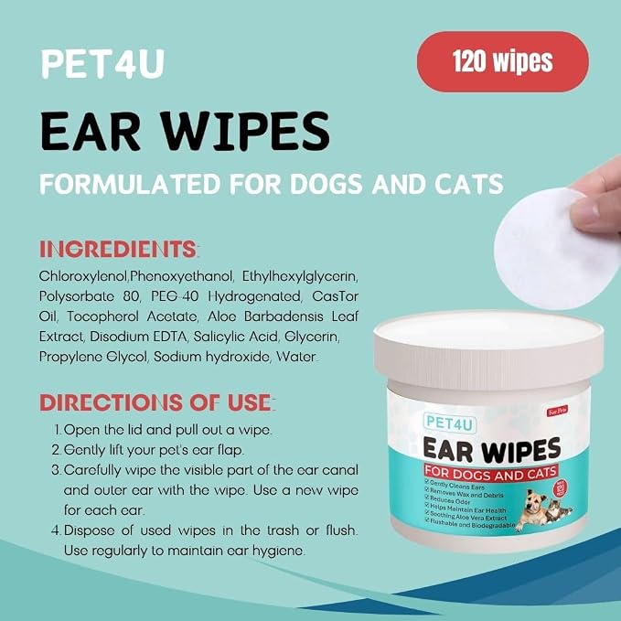 Gentle Ear Wipes for Dogs and Cats, 120 Wipes