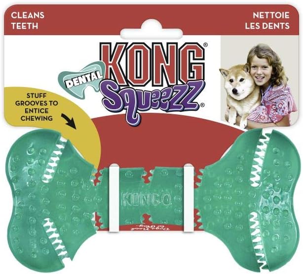 KONG Squeezz Dental Bone, Flexible Dental Chew Toy, for Medium/Large Dogs | Flexible Squeezable Dental Toy for Gentle & Mild Chewers, Helps Clean Teeth & Gums During Engaging Play