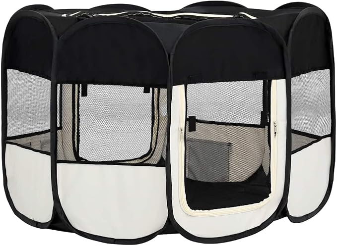 Foldable Dog Playpen with Carrying Bag, 43.3x43.3x22.8 Inches, Black Steel Frame for Indoor Outdoor Use