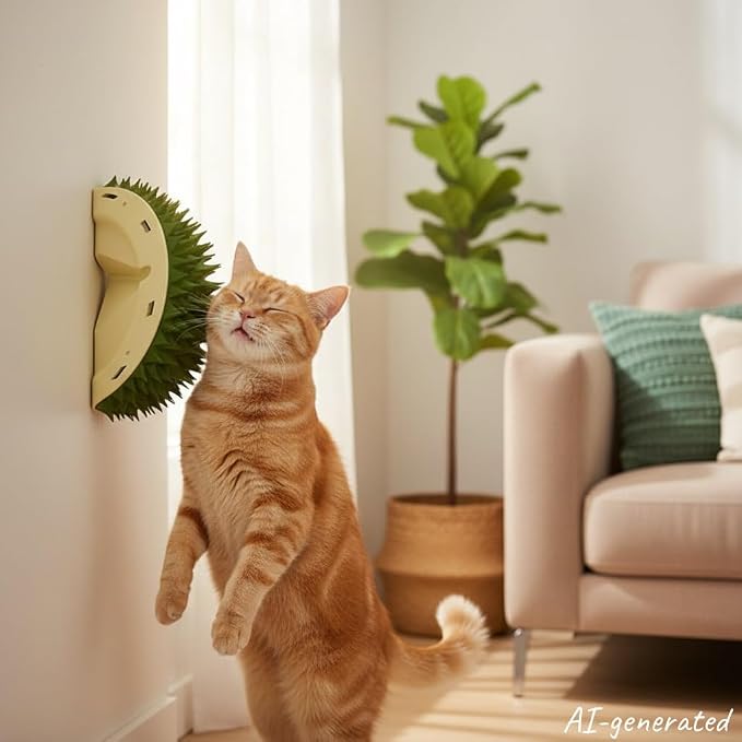 Durian Shaped Cat Self Groomer & Scratch Brush - Funny Fruit Design Cat Massage Brush for Shedding and Itch Relief, Plush Grooming Station with Handle