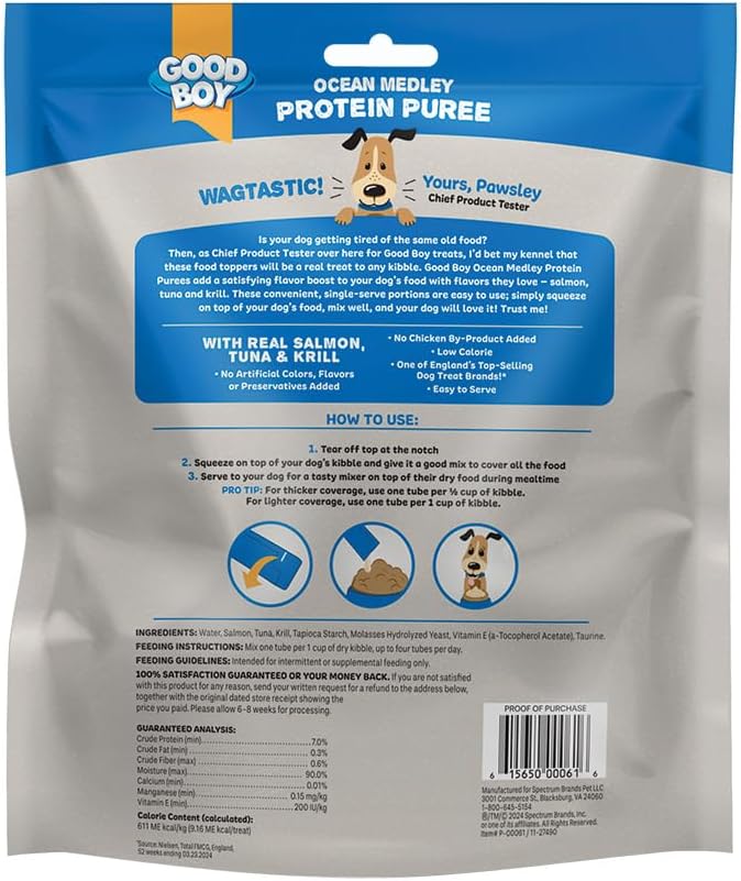 Good Boy Ocean Medley Protein Purees Dog Food Mixers for All Adult Dogs, 30 Count, Easy Single-Serve Triple Flavor Topper Treats with Salmon, Tuna and Krill