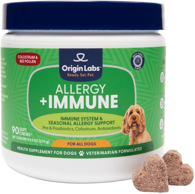 Origin Labs Allergy and Immune Support Supplement, Omega 3 Fish Oil, Bee Pollen, Colostrum, Probiotics, Prebiotics for Gut Health, Skin and Coat Health, Antioxidants, Turkey Flavor, 90 Soft Chews