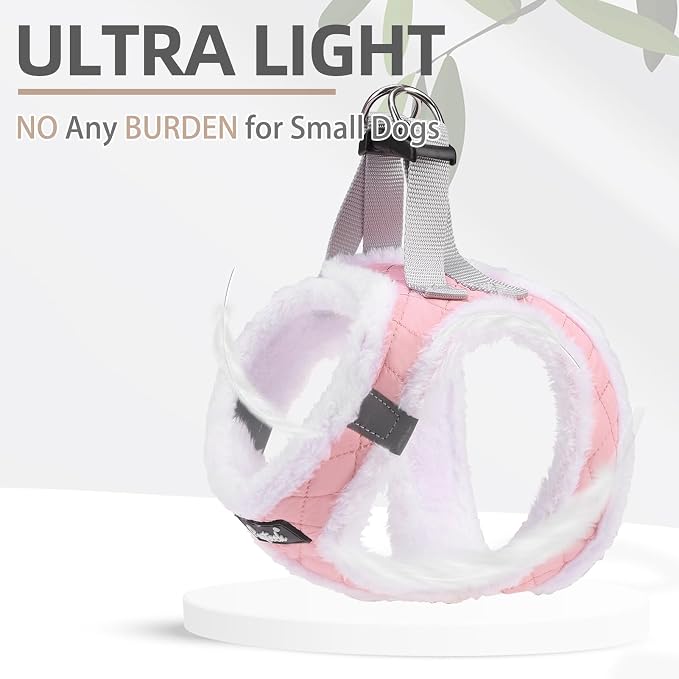 PUPTECK Plush Dog Harness and Leash Set for Small Medium Dogs No Pull Step-in Soft Mesh Puppy Cat Winter Vest Harnesses Reflective at Night Warm, Plush Pink, XS