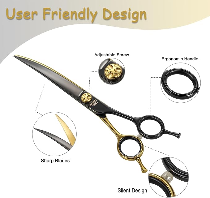 Curved Dog Grooming Scissors 7" – Black & Gold 440C Stainless Steel Shears for Precision Face and Body Shaping