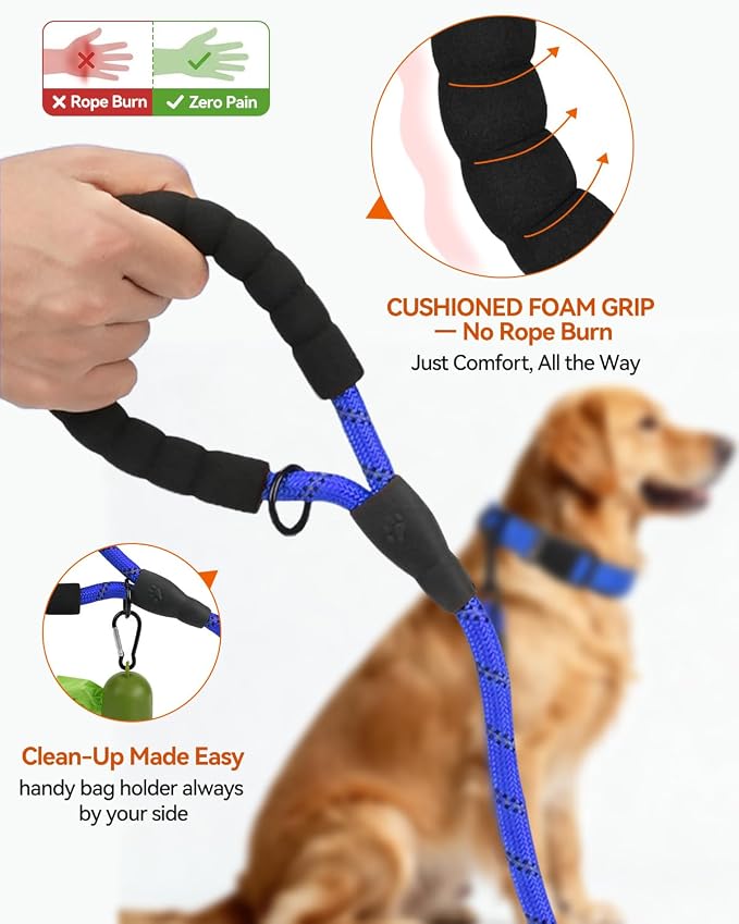 Joytale Rope Dog Leash for Medium Large Dogs, Padded Handle, 5FT, Navy Blue | Reinforced Nylon Webbing, Comfort Grip Eases Hand Strain, Swivel Clip Prevents Tangles, Visible at Night, for Outdoor Walks